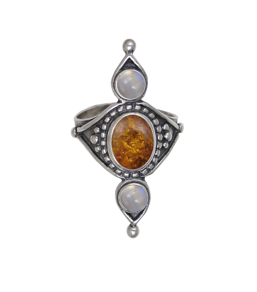 Sterling Silver Royal Ring With Amber And Rainbow Moonstone Size 10